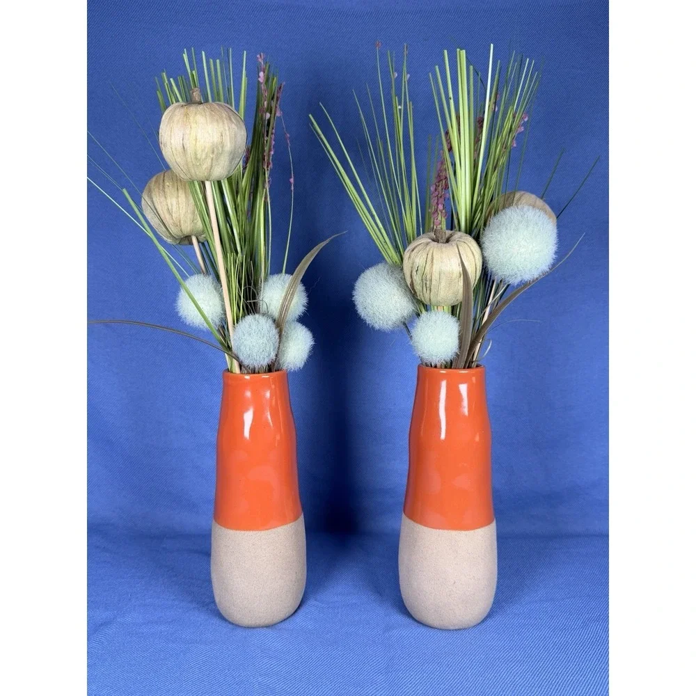 Modern Orange Ceramic Vase Floral Decor Arrangement Home Accent Set